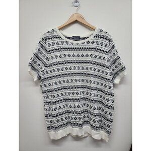 Lands' End Womens Short Sleeve 1X 16/18 Fair Isle Top Black White Supima Cotton